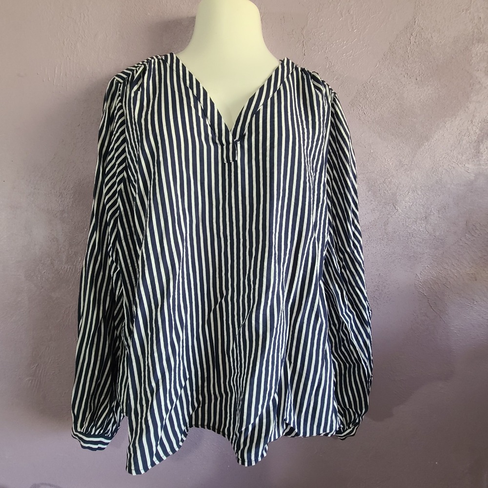 Liz Claibourne Striped Blouse Women 2x Navy White Split V-Neck Balloon Sleeve